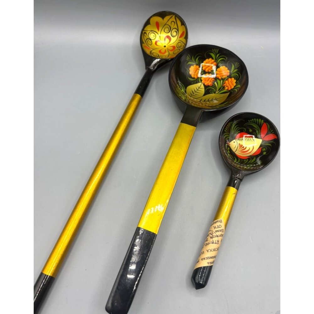3 Pc Russian Khokhloma Lacquered Hand Painted Wood‎ Spoons